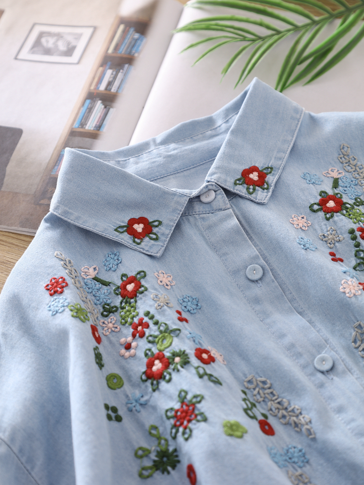 Customized Wholesale Denim Shirt with Floral Embroidery