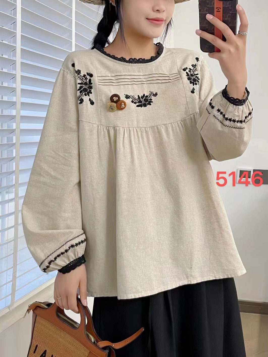 Customized Wholesale Retro Emberoidy Cotton Linen Blouse