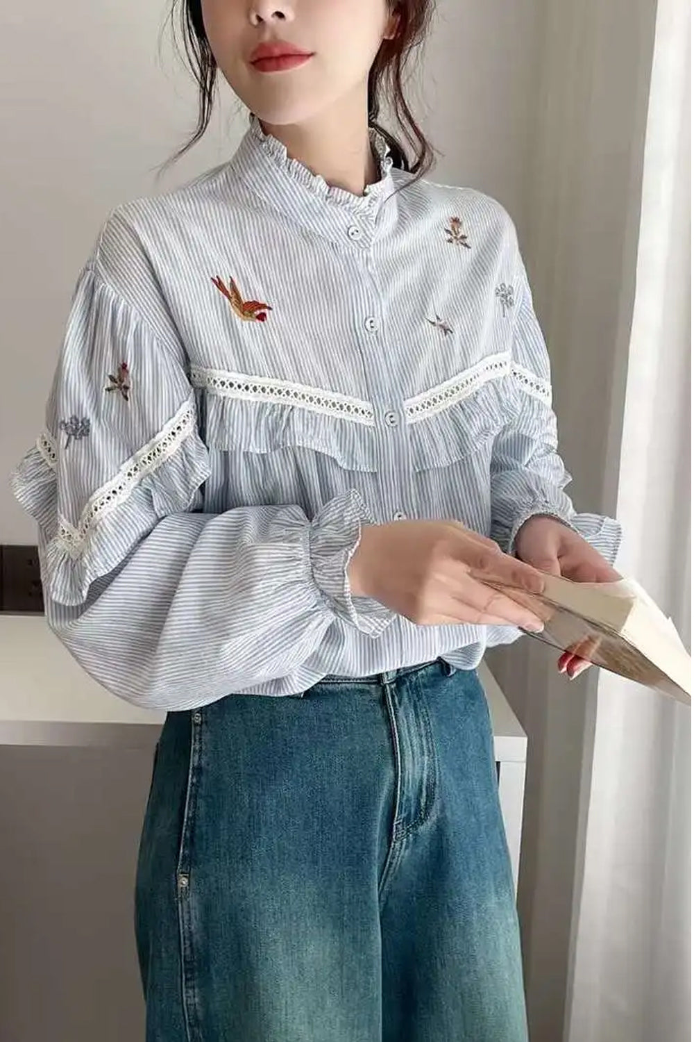 Wholesale Custom Embroidered Striped Blouse Shirt