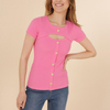 Ladies' T Shirt Short Sleeve Hallow Out at Chest Front Placket with Golden Buttons