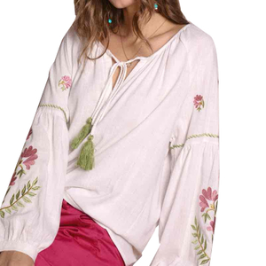 Women's Spring Summer Embroidered Blouse Long Sleeves with Contrast Tassels,