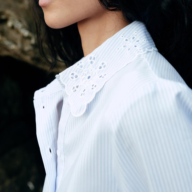 Women's Fashion Long Sleeves Button Down Shirt Eyelet Embroidery Cropped Shirt Hollow Out Tops Lapel Collar Work Shirts