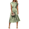 Women's 2024 Summer Satin Midi Dress Cap Sleeve Tie Waist Elegant A-Line Flowy Dresses
