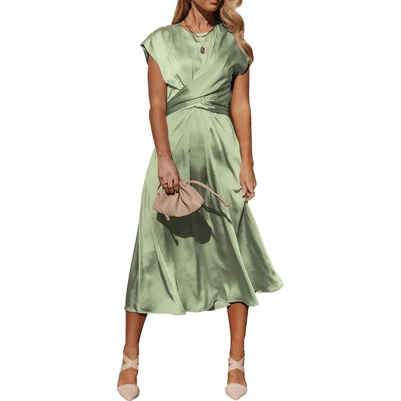 Women's 2024 Summer Satin Midi Dress Cap Sleeve Tie Waist Elegant A-Line Flowy Dresses