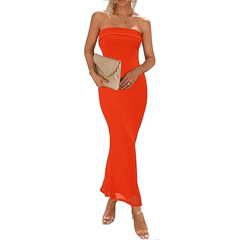 Women's Summer Sexy Ribbed Strapless Side Slit Long Going Out Casual Elegant Party Dresses Bodycon Maxi Tube Dress