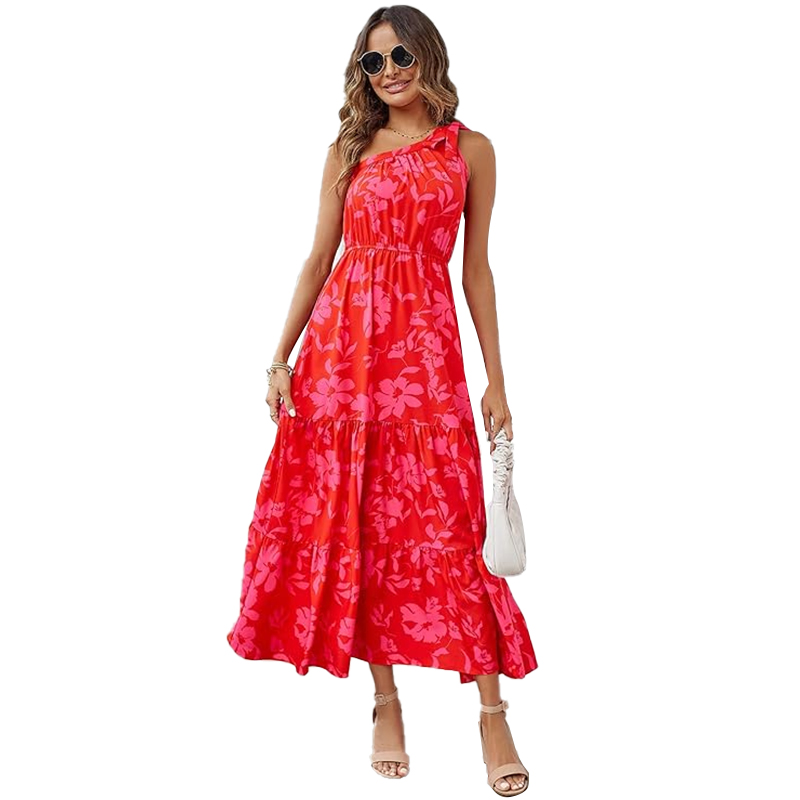Women's Floral Tiered Maxi Dress Knot One Shoulder Sleeveless Ruffle Hem Flowy Bohemian Long Dresses