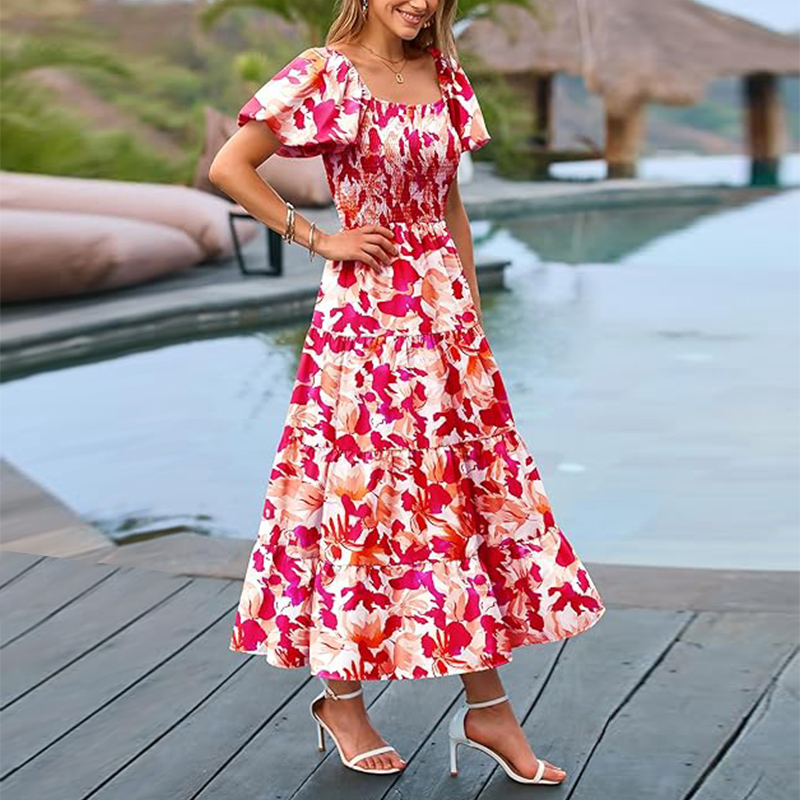Women's Casual Summer Midi Dress Puffy Short Sleeve Square Neck Smocked Tiered Ruffle Dresses