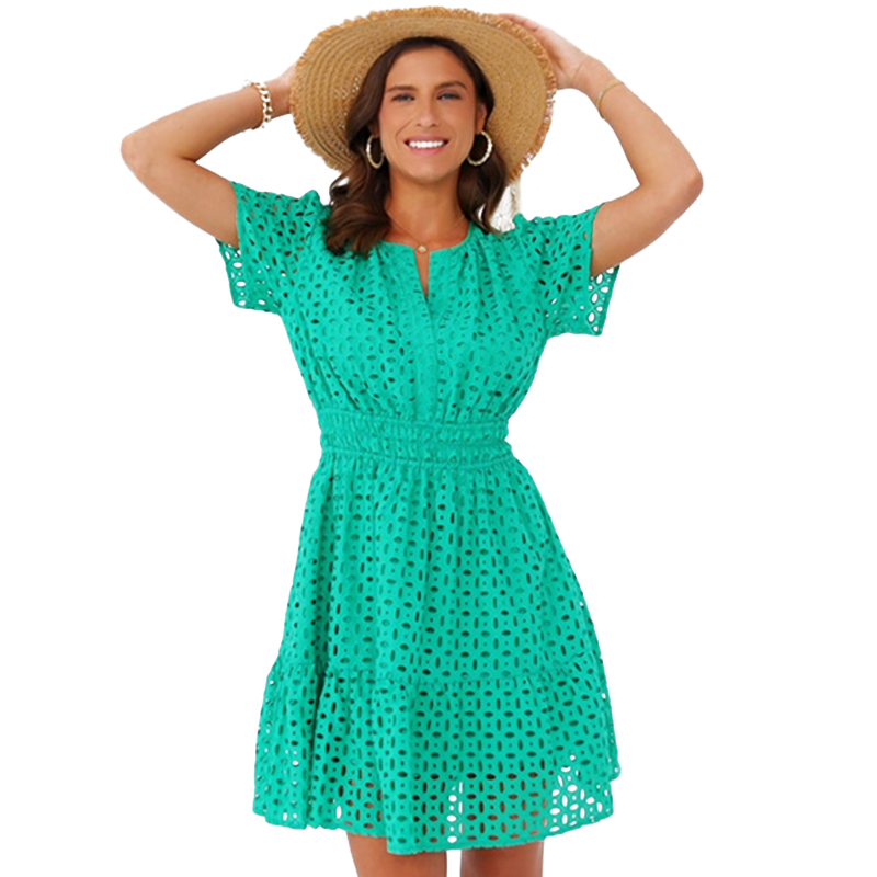 Womens 2024 Summer Short Dress V Neck Short Sleeve A Line Hollow Out Lace Ruffle Cute Casual Beach Party Dresses