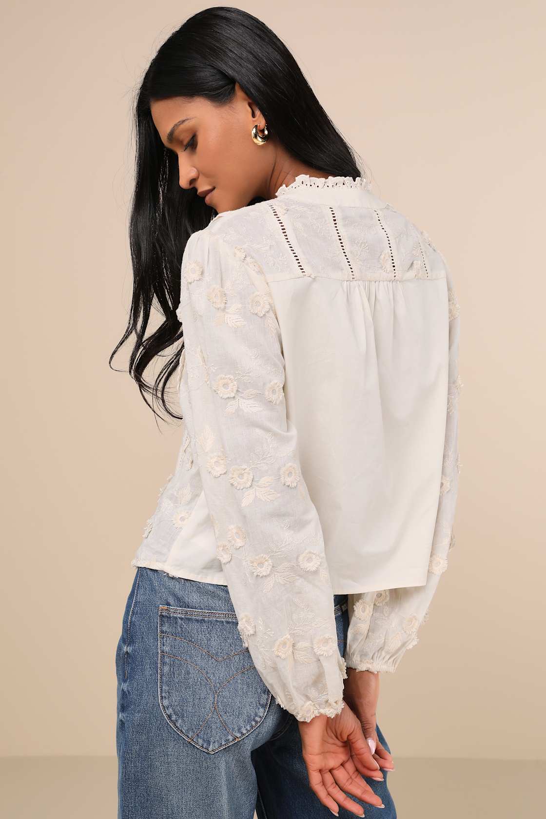Women's Admired Effect Cream Embroidered Shirt with long sleeves