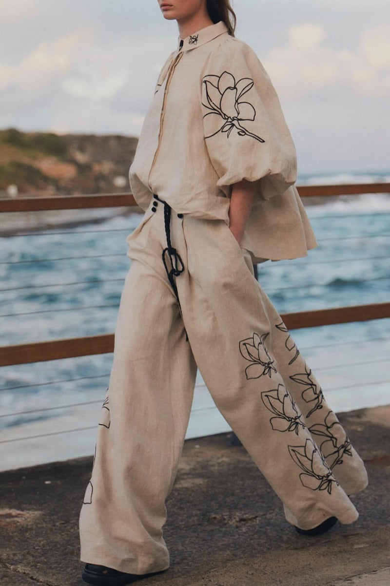 Women's Floral Print Shirt Pants sets with Pocket Turn-Down Collar Half Bell Sleeve