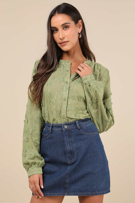 Women's Contemporary Flirt Green Embroidered Balloon Sleeve Shirt