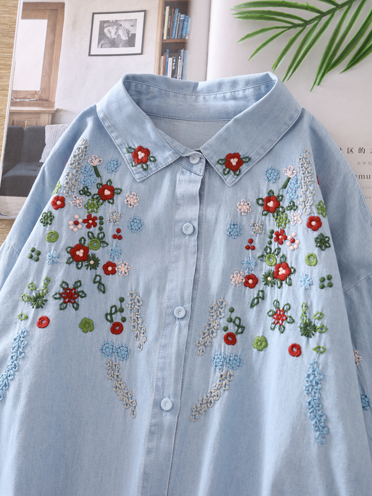 Customized Wholesale Denim Shirt with Floral Embroidery