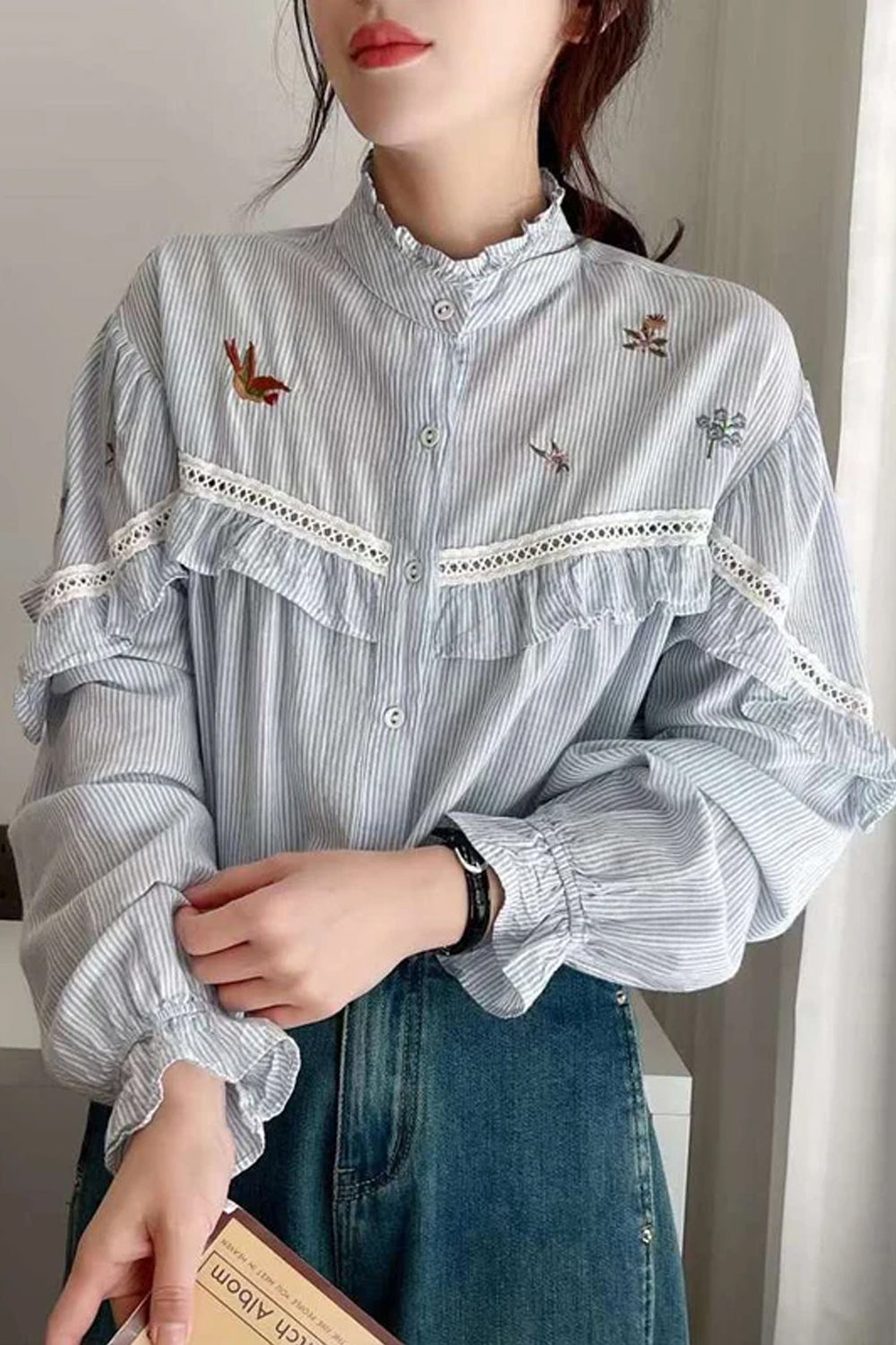Wholesale Custom Embroidered Striped Blouse Shirt