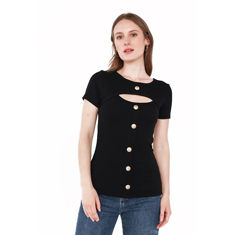 Ladies' T Shirt Short Sleeve Hallow Out at Chest Front Placket with Golden Buttons