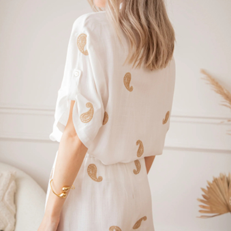 Women's Spring Summer Embroidered Oversized Shirt Fullover Embroidery with Shell Button Paisley Embroidery Adjustable Sleeve Tab Lapel Collar