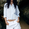 Women's Fashion Long Sleeves Button Down Shirt Eyelet Embroidery Cropped Shirt Hollow Out Tops Lapel Collar Work Shirts