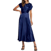 Women's 2024 Summer Satin Midi Dress Cap Sleeve Tie Waist Elegant A-Line Flowy Dresses