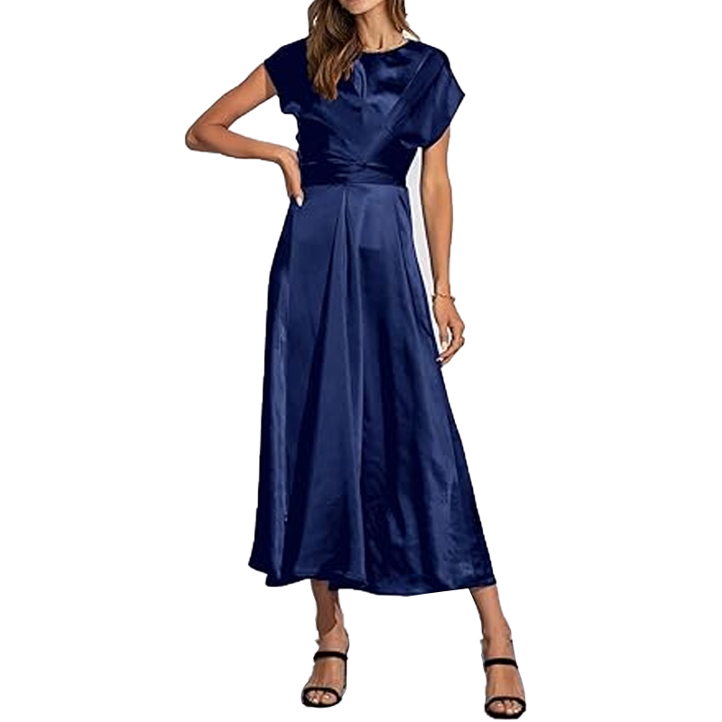 Women's 2024 Summer Satin Midi Dress Cap Sleeve Tie Waist Elegant A-Line Flowy Dresses