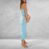 Women's Summer Sexy Ribbed Strapless Side Slit Long Going Out Casual Elegant Party Dresses Bodycon Maxi Tube Dress