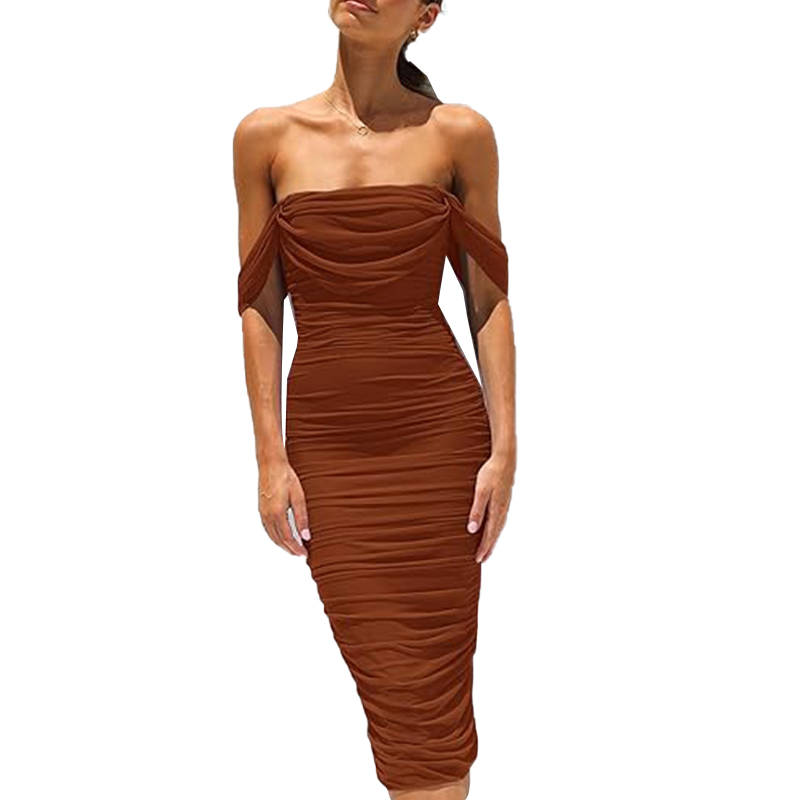 Women's Summer Off The Shoulder Ruched Bodycon Dresses Sleeveless Fitted Party Club Midi Dress