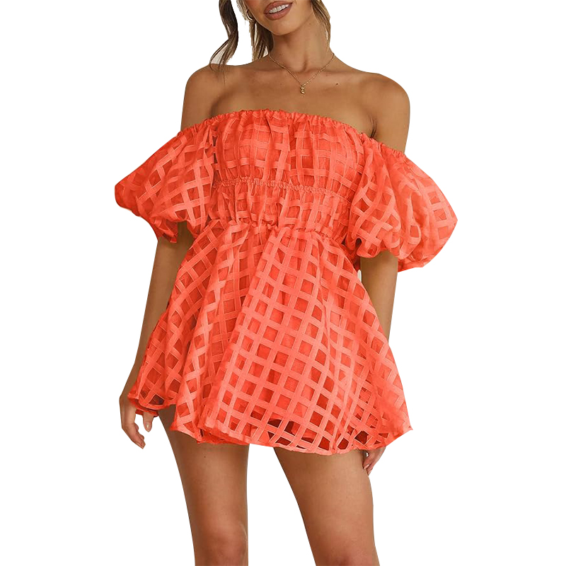 Women's Off The Shoulder Babydoll Dress Short Puff Sleeve Casual A Line Ruffle Summer Dresses