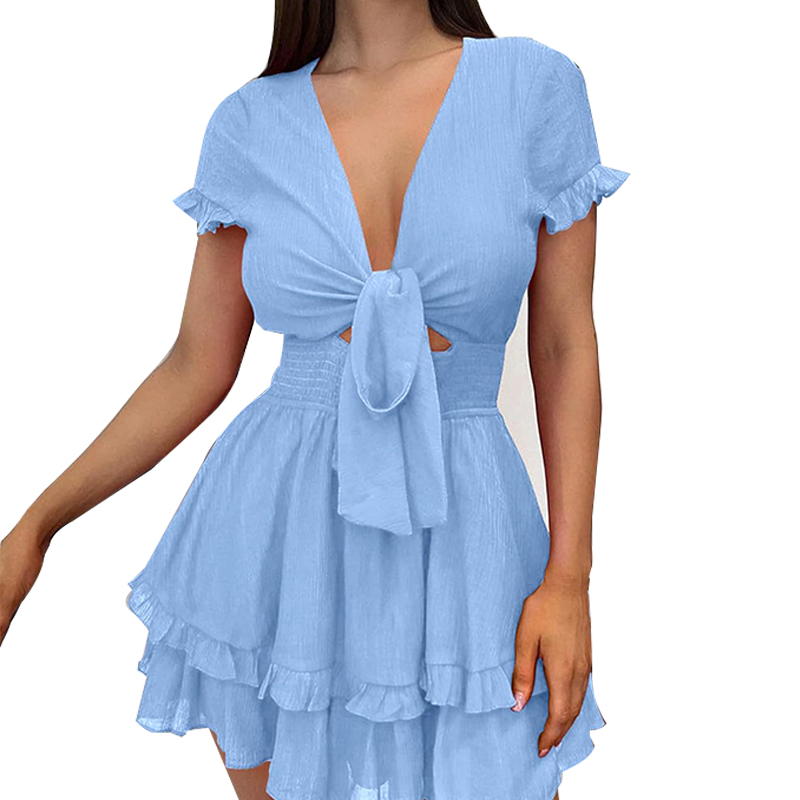 Women's Lovely Knot Tie Front V Neck Short Sleeve Ruffle Layer A-Line Short Dress Summer Swing Mini Dress 