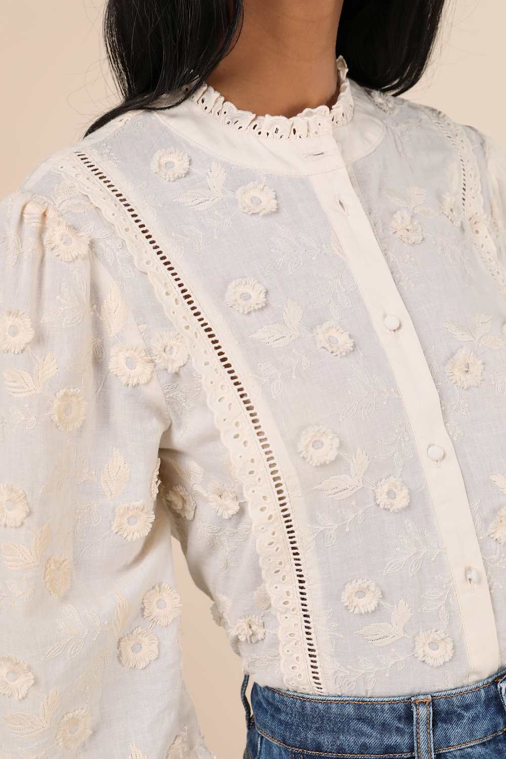 Women's Admired Effect Cream Embroidered Shirt with long sleeves