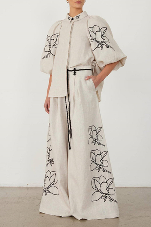 Women's Floral Print Shirt Pants sets with Pocket Turn-Down Collar Half Bell Sleeve