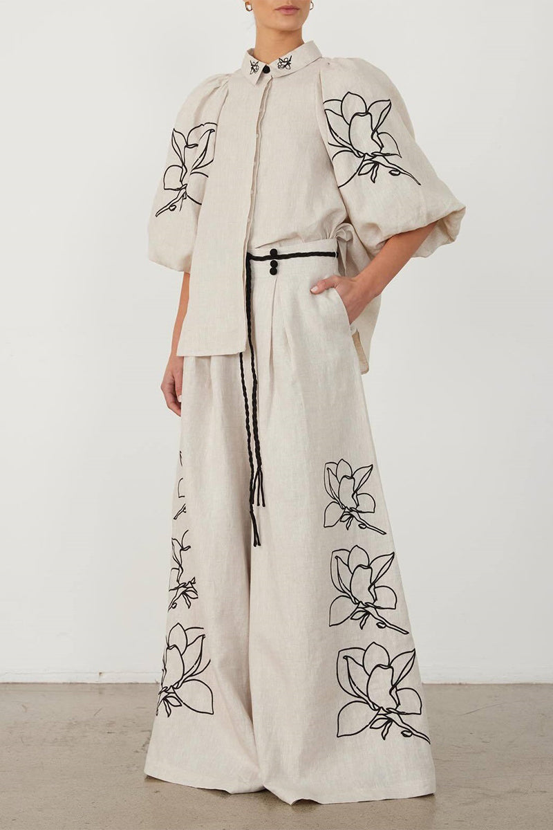 Women's Floral Print Shirt Pants sets with Pocket Turn-Down Collar Half Bell Sleeve