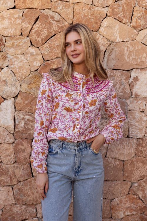 Custom Wholesale Blouse with pink floral print and embroidery