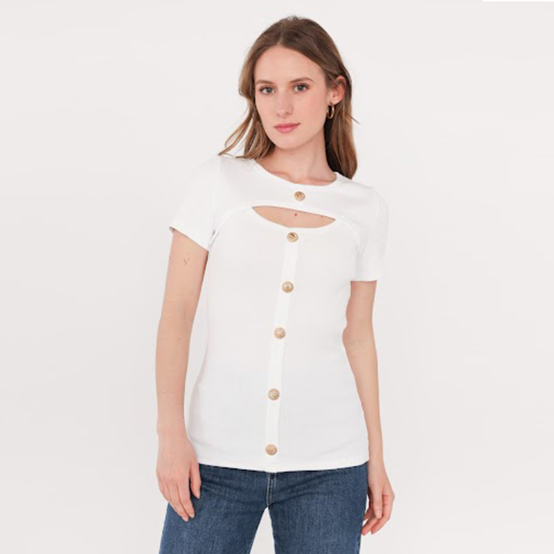 Ladies' T Shirt Short Sleeve Hallow Out at Chest Front Placket with Golden Buttons