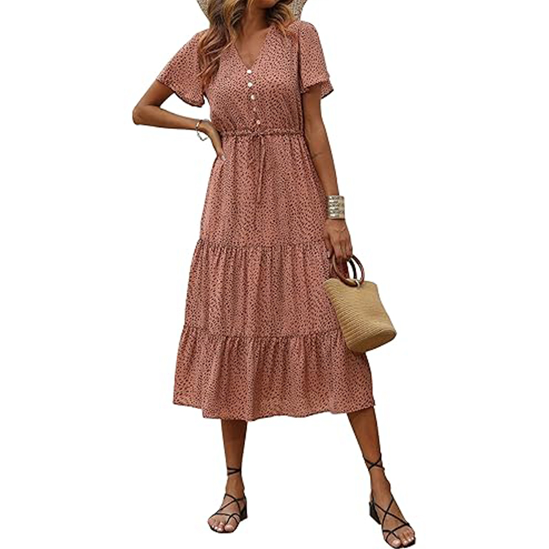 Women's Floral Boho Dress Casual Short Sleeve V Neck Ruffle Tiered 2024 Summer Swing Maxi Dresses