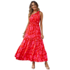 Women's Floral Tiered Maxi Dress Knot One Shoulder Sleeveless Ruffle Hem Flowy Bohemian Long Dresses