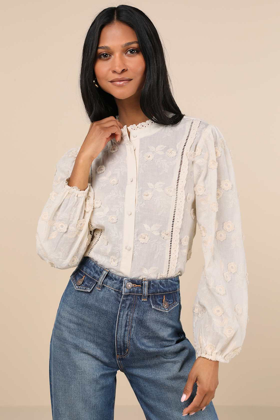 Women's Admired Effect Cream Embroidered Shirt with long sleeves