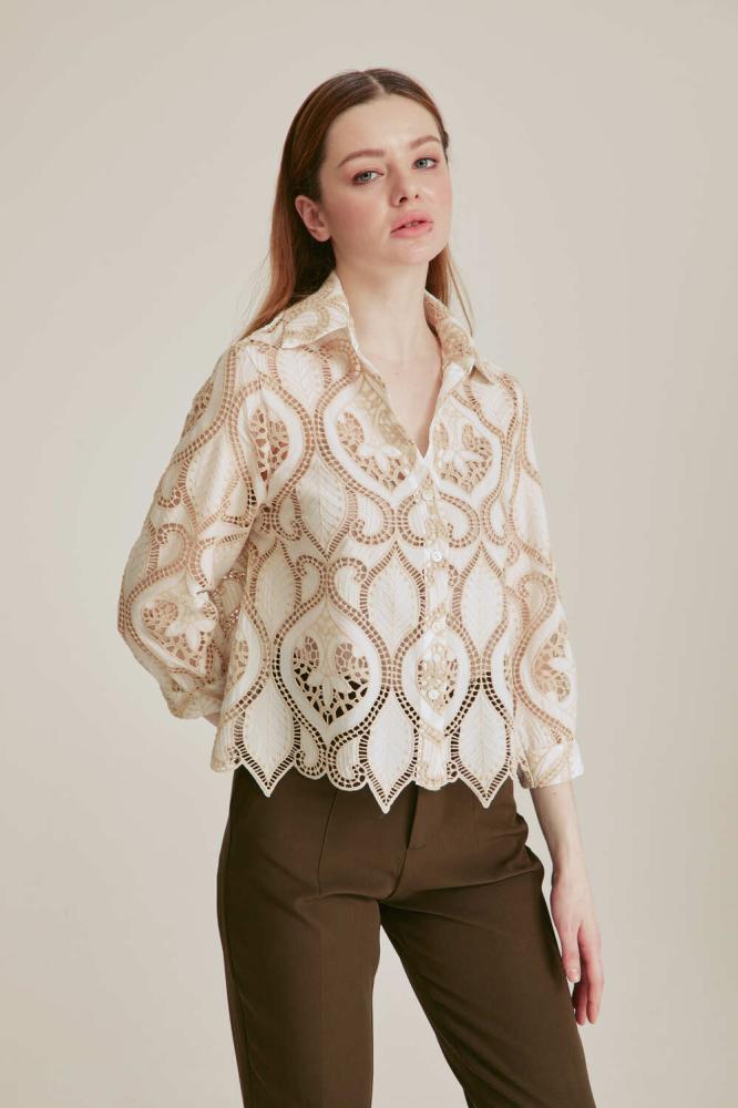 Women's Khaki Hallow out Laser Embroidery Shirts Manufacturer 