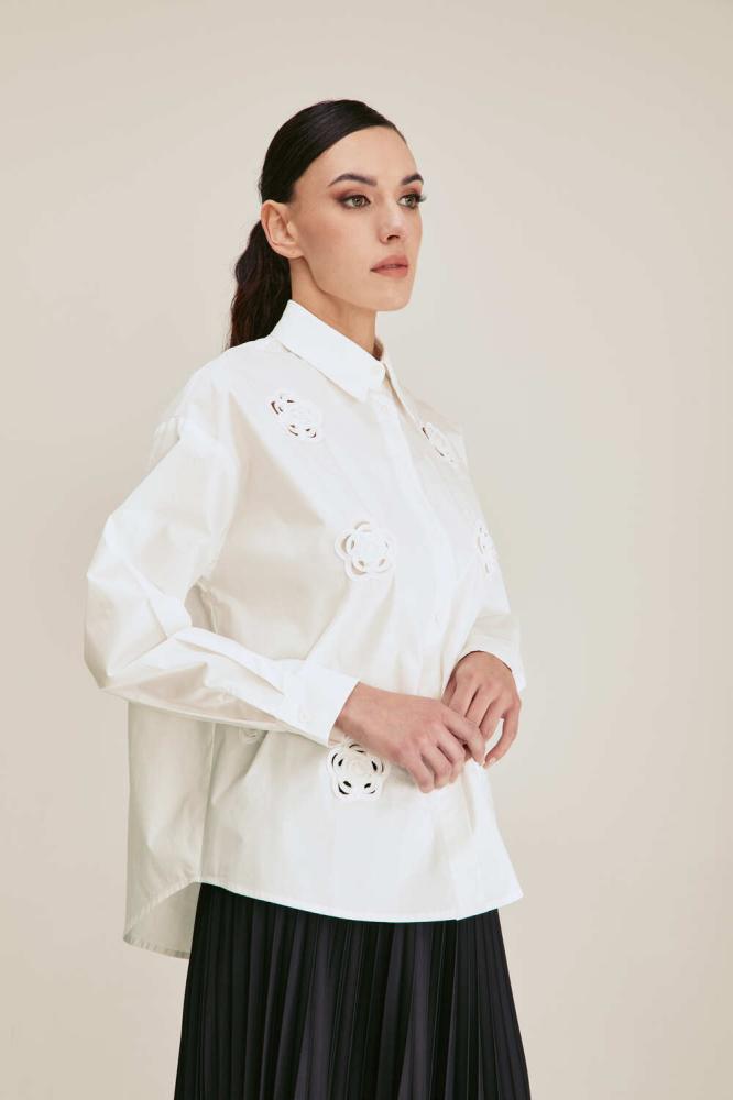 Women's Cotton Roses and Beads Applique White Shirt Factory