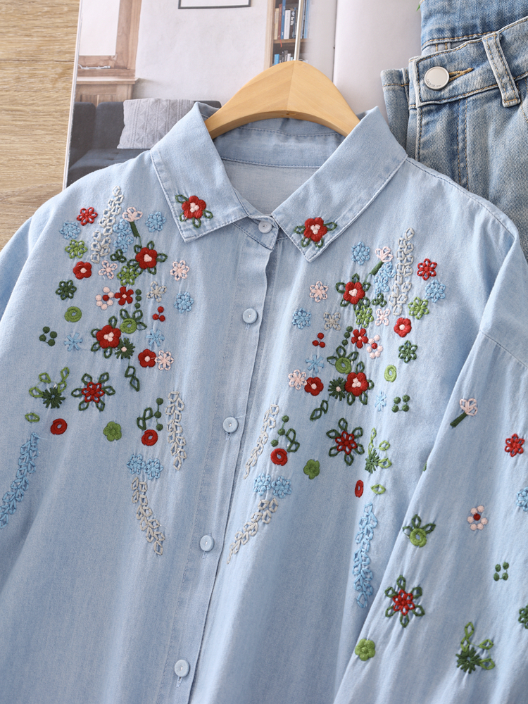 Customized Wholesale Denim Shirt with Floral Embroidery