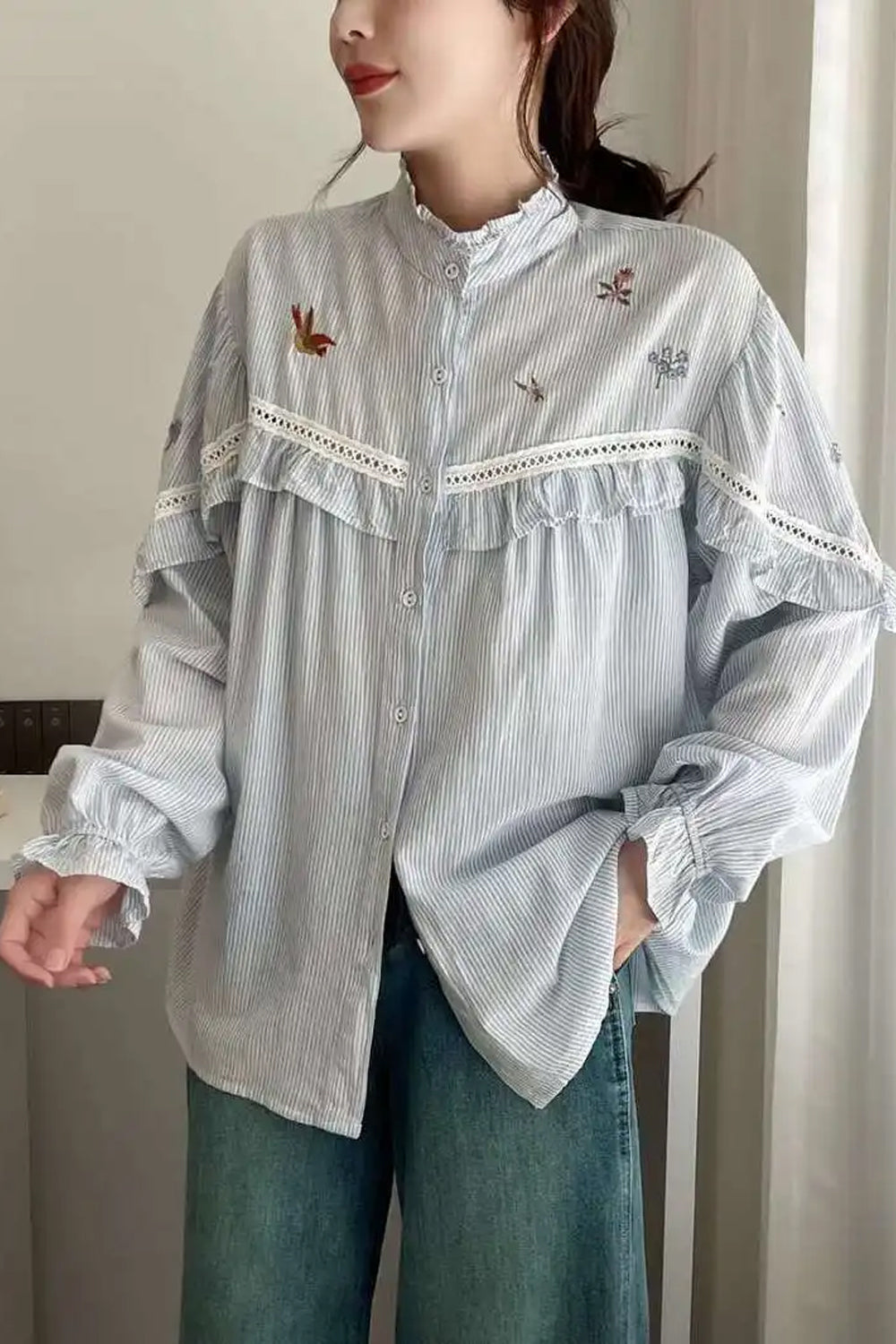 Wholesale Custom Embroidered Striped Blouse Shirt