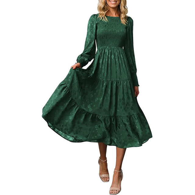 Women's Fall Midi Dress Long Sleeve Floral Smocked Elegant Wedding Guest Long Flowy Dresses