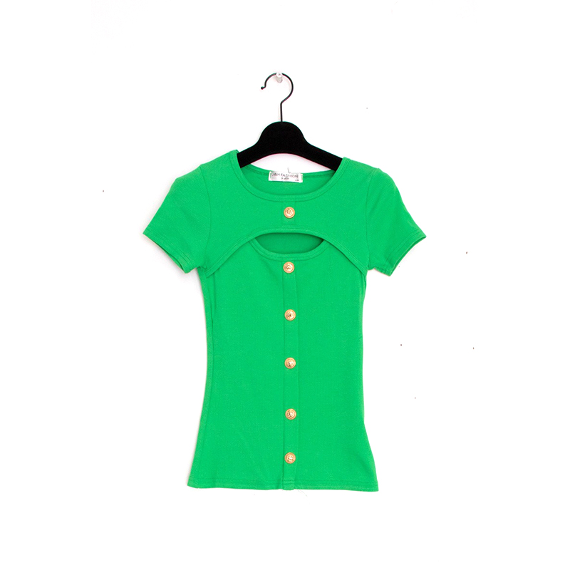 Ladies' T Shirt Short Sleeve Hallow Out at Chest Front Placket with Golden Buttons