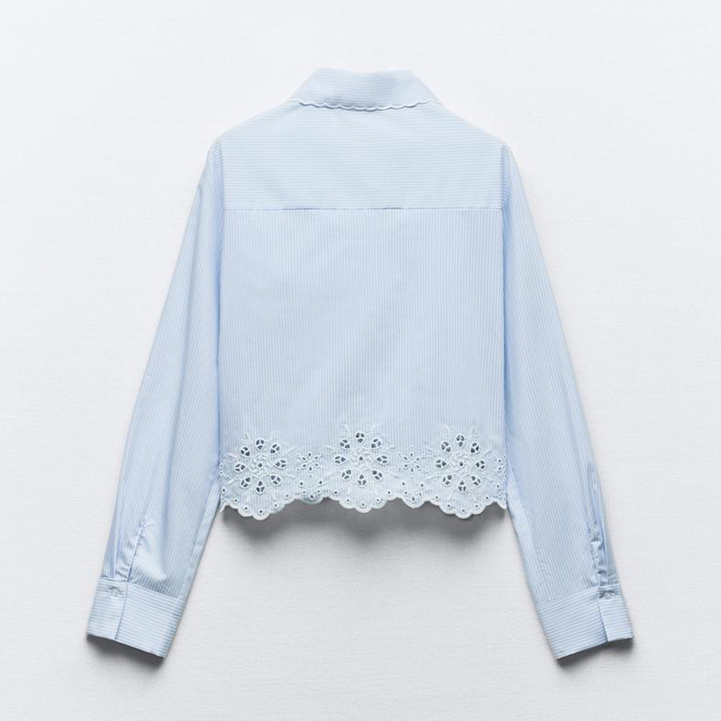 Women's Fashion Long Sleeves Button Down Shirt Eyelet Embroidery Cropped Shirt Hollow Out Tops Lapel Collar Work Shirts
