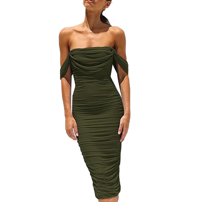 Women's Summer Off The Shoulder Ruched Bodycon Dresses Sleeveless Fitted Party Club Midi Dress