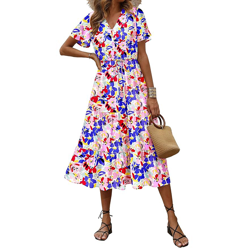 Women's Floral Boho Dress Casual Short Sleeve V Neck Ruffle Tiered 2024 Summer Swing Maxi Dresses