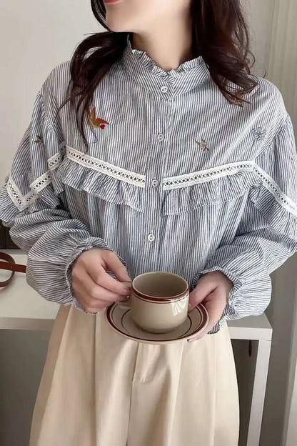 Wholesale Custom Embroidered Striped Blouse Shirt