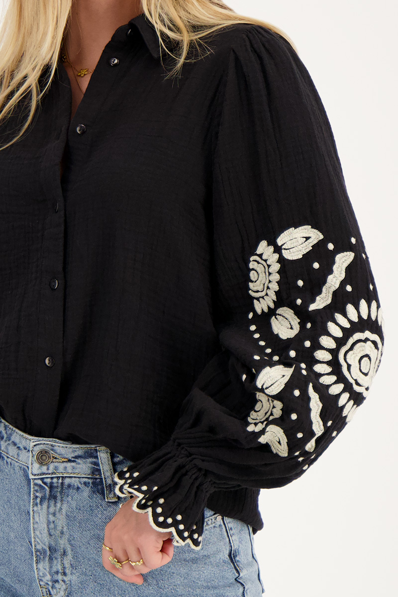 Custom Wholesale Black Blouse with Beige Embroidery