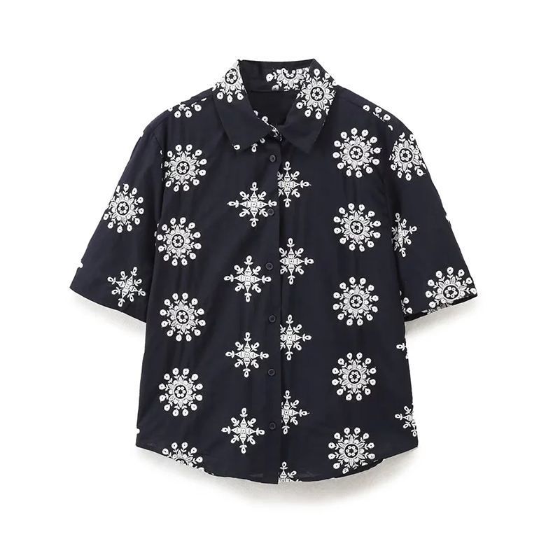 Women's Fashion Short Sleeves Button Down Shirt Eyelet Embroidery Cropped Shirt Hollow Out Lace Blouse Tops Lapel Collar Work Shirts
