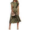 Women's 2024 Summer Satin Midi Dress Cap Sleeve Tie Waist Elegant A-Line Flowy Dresses