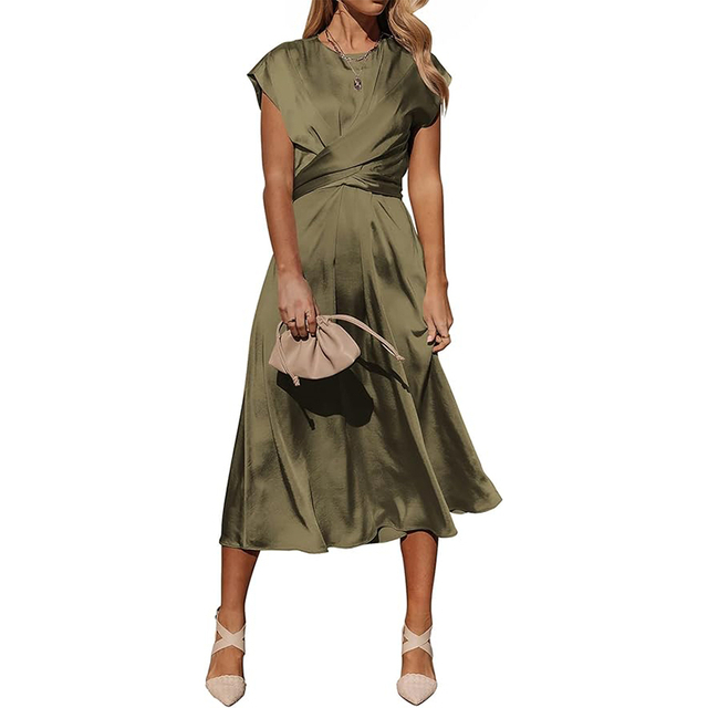 Women's 2024 Summer Satin Midi Dress Cap Sleeve Tie Waist Elegant A-Line Flowy Dresses