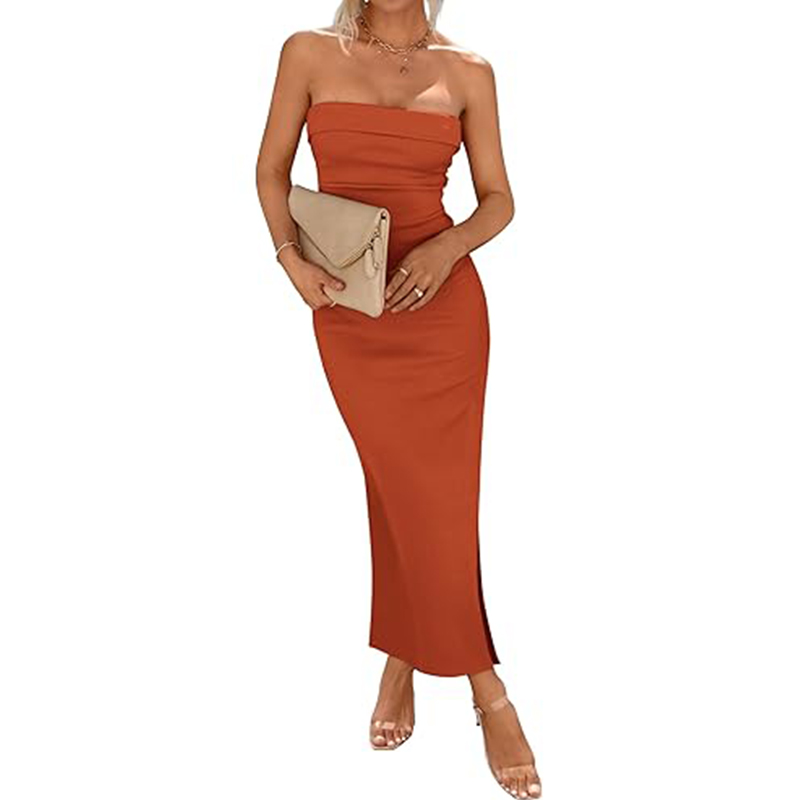Women's Summer Sexy Ribbed Strapless Side Slit Long Going Out Casual Elegant Party Dresses Bodycon Maxi Tube Dress