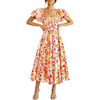 Women's Casual Summer Midi Dress Puffy Short Sleeve Square Neck Smocked Tiered Ruffle Dresses